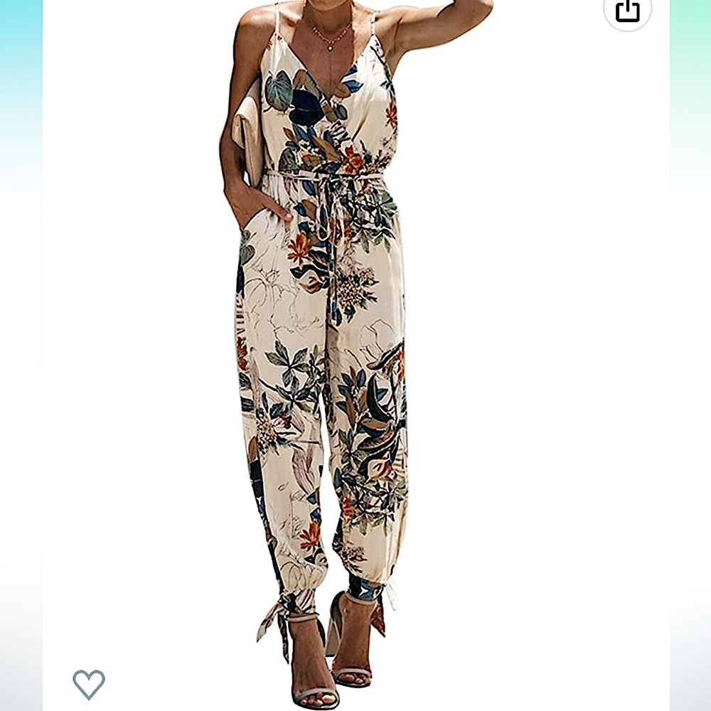 NYC Boutique | VNeck Floral Printed Sleeveless Jumpsuit Beige | Size L | Worn 1x